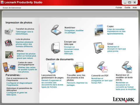 Capture écran logiciel Lexmark Productivity studio