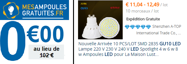 Des ampoules à 12 euros (à droite) valorisées à 102 euros (à gauche)